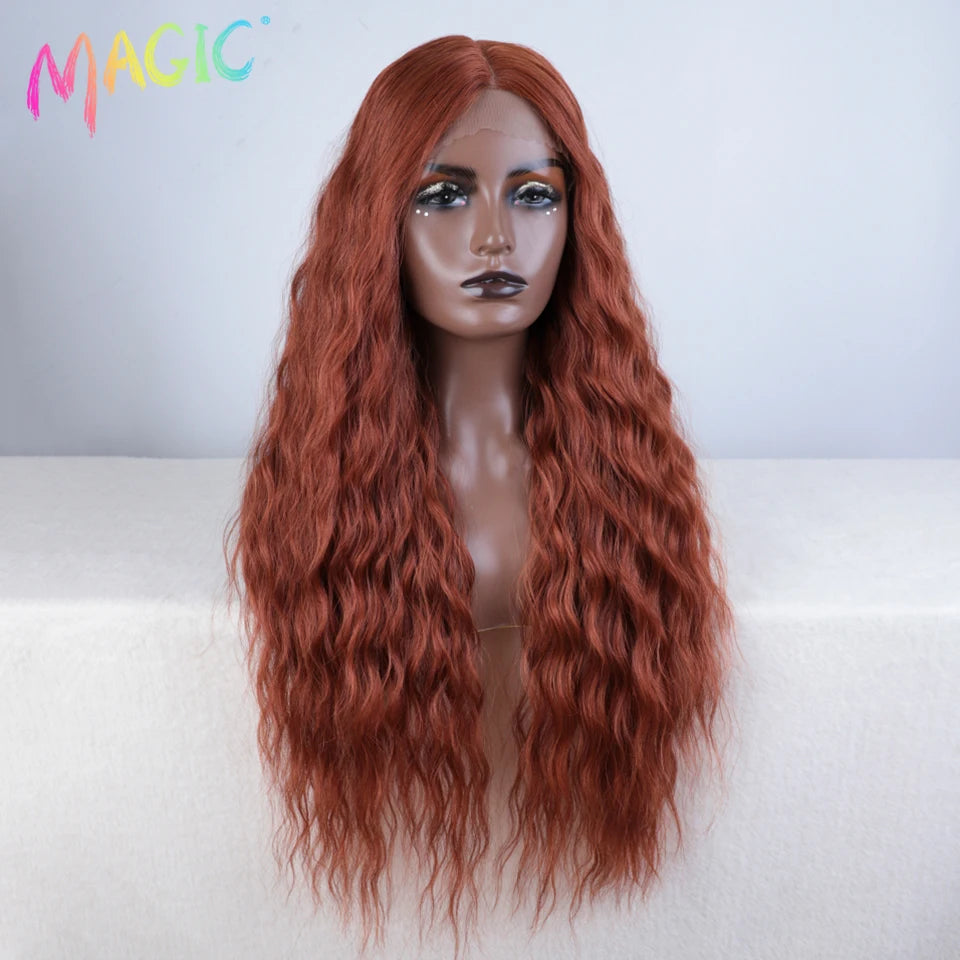 Magic Synthetic Lace Front Wig Long Deep Wavy 30 Inch Ombre Blonde Ginger Lace Wigs For Black Women Heat Resistant Cosplay Wigs