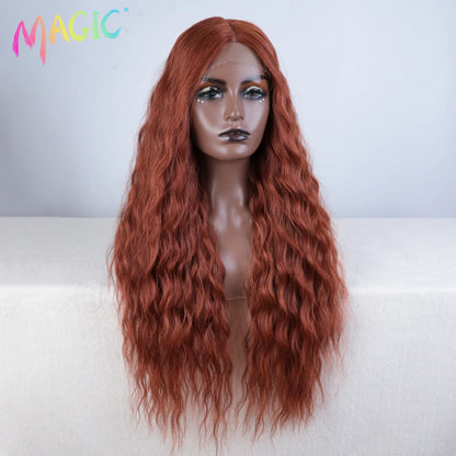 Magic Synthetic Lace Front Wig Long Deep Wavy 30 Inch Ombre Blonde Ginger Lace Wigs For Black Women Heat Resistant Cosplay Wigs