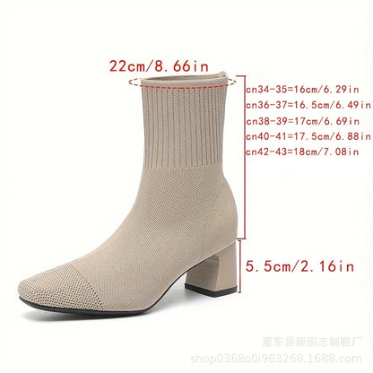 Black Square Toe Knit Sock Boots Elastic Slim Thick Block Heel High Heels Short Boots Fashion Autumn Casual Skinny Ankle Boots