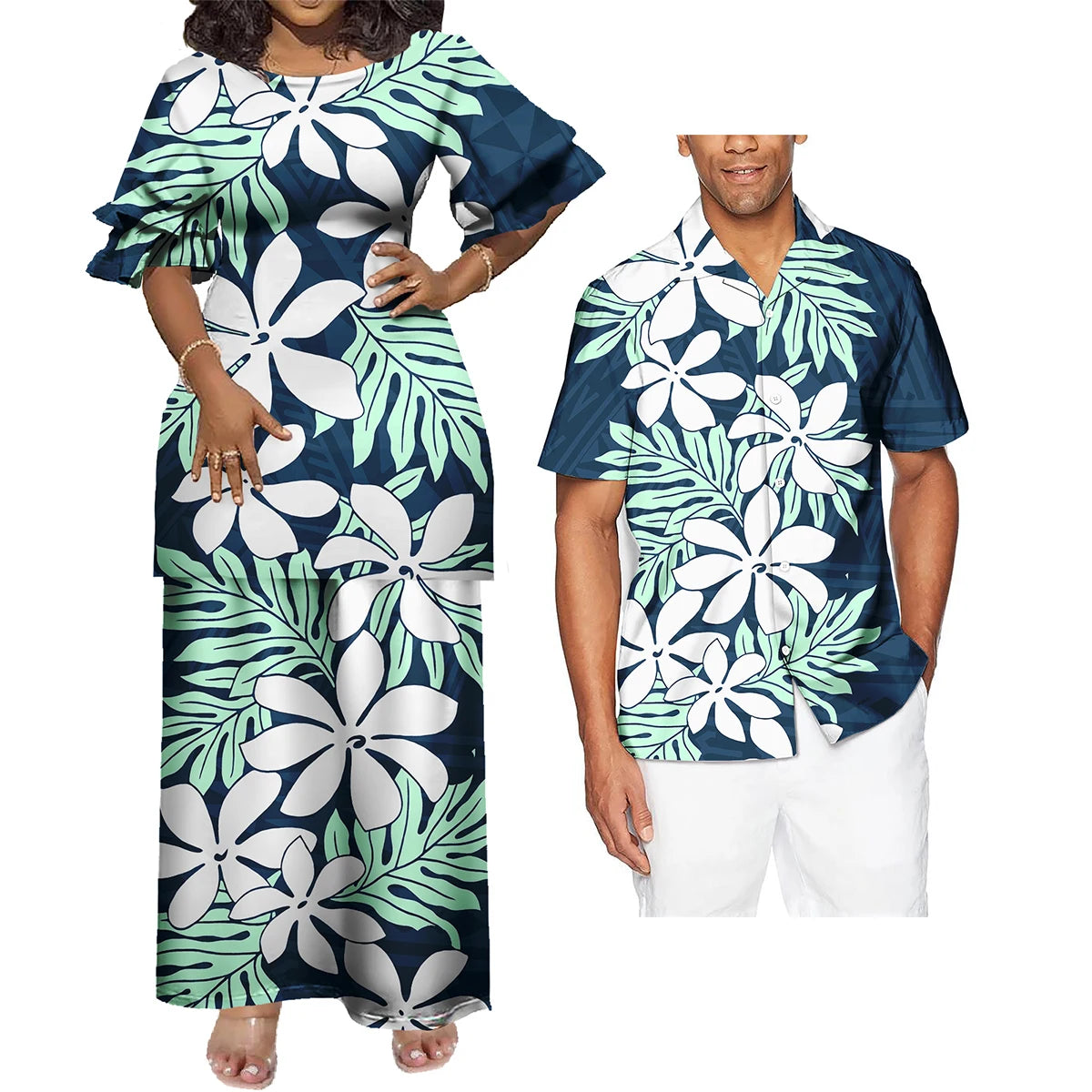 New Wholesale Custom Polynesian Tribal Design Petal Sleeve Samoan Puletasi Set Ptaha Plus Size Women 2 Piece Outfits Sets Dress