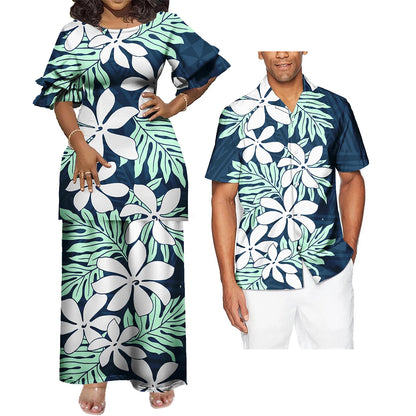 New Wholesale Custom Polynesian Tribal Design Petal Sleeve Samoan Puletasi Set Ptaha Plus Size Women 2 Piece Outfits Sets Dress