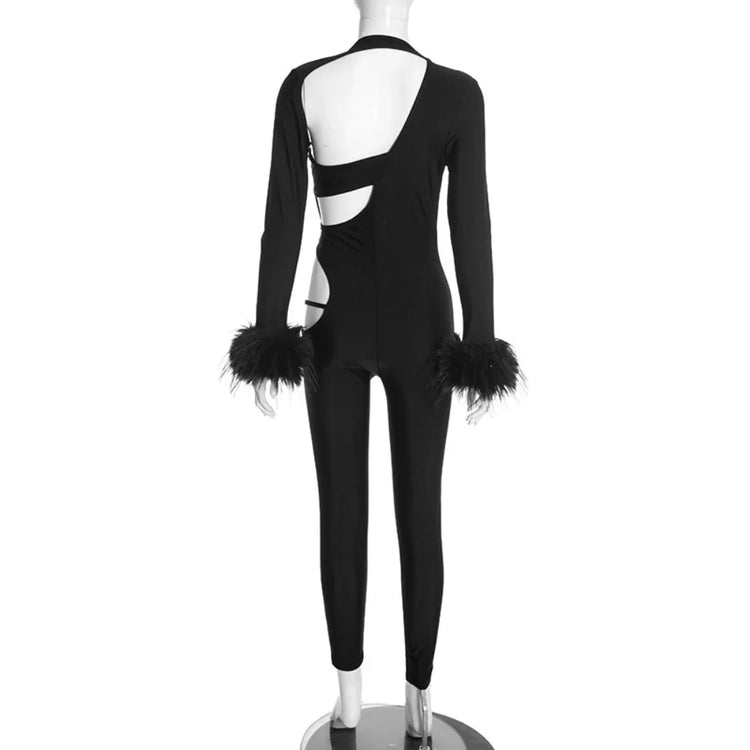 FLARORA Sexy Hollow Out Jumpsuits Woman Faux Fur Patchwork Skew Neck Full Sleeve Backless Skinny Peach Hip Party Club Overalls