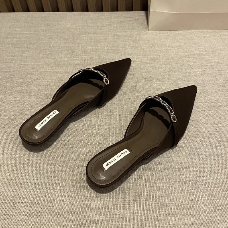 2025 New Luxury Fashion Rhinestones Ladies Heeled Slippers Sandals Shoes Female Low Heel Slides Slippers Shoes for Women Mules