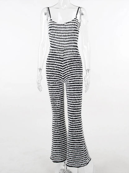 OMSJ New Style Backless Jumpsuits For Women Sexy Camisoles High Waist Hip Lifting Striped One-piece Rompers Flare Pants Clubwear