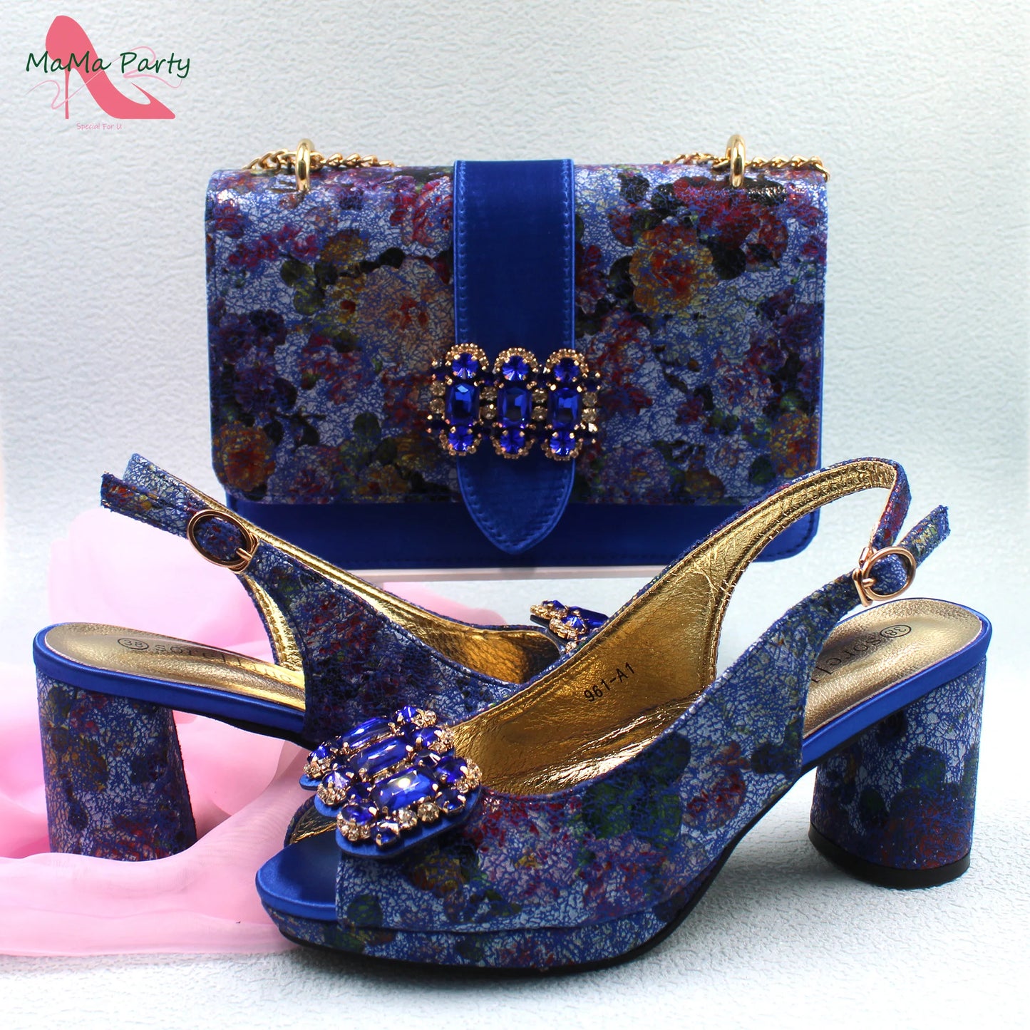 2024 Mature Style High Quality Comfortable Heels Italian Women Shoes and Bag Set with Shinning Crystal in Yellow Color
