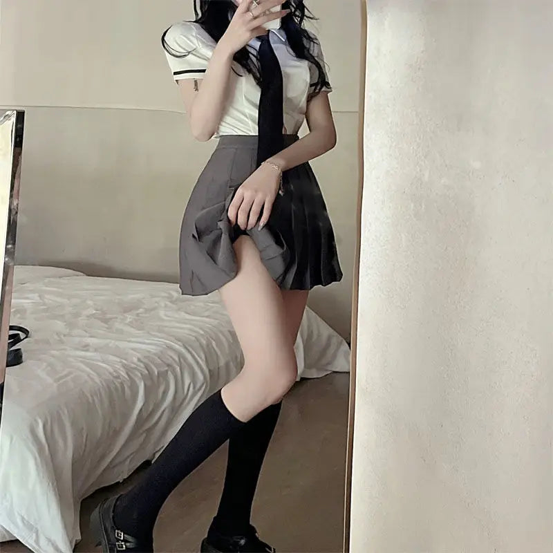 2025 improved daily jk uniform summer new white short/long sleeve shirt + pleated skirt jk uniform two-piece set for women w237