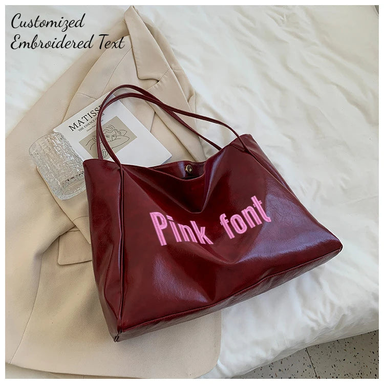 Personalized Name Embroidery Women's Large Tote Bag Brown Faux Leather Shoulder Handbag Vintage Soft Casual Bag for Work Travel