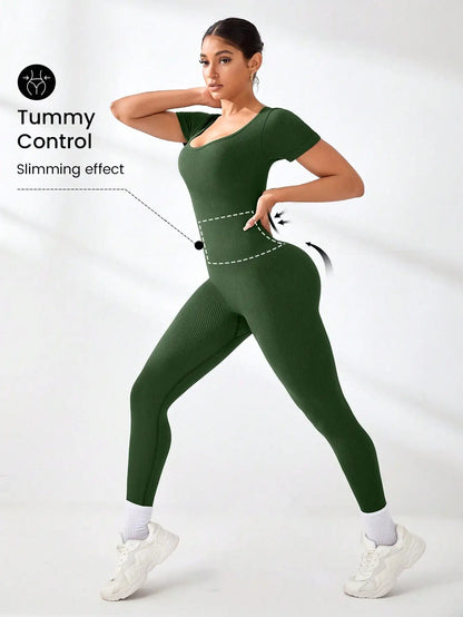 Women's Slimming Sexy Yoga Sports Jumpsuit Spring Summer Threaded Square Collar Lifting Buttocks Design Comfortable Active Wear