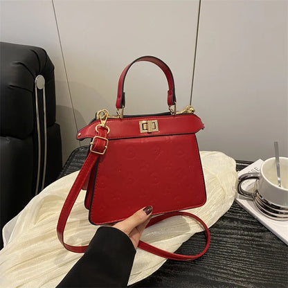 Fashion Embossed Top Handle Bags for Women,Metal Turn Lock Handbag, Adjustable Crossbody Strap,versatile Purse for Daily Outings