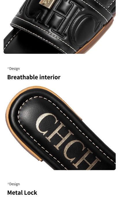 CHCH Women's Flat Shoes Summer New Solid Color Embossed Sandals Simple Fashion Slippers