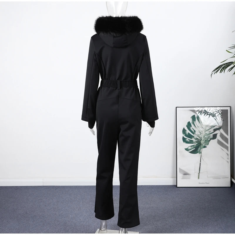 Casual Fur-Trimmed Hooded Ski Suit Women Fashion Belted Slim Full Sleeve Warm Jumpsuits Female 2026 Winter Snow Bodysuit Lady