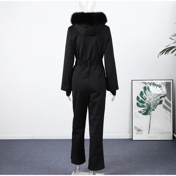 Casual Fur-Trimmed Hooded Ski Suit Women Fashion Belted Slim Full Sleeve Warm Jumpsuits Female 2026 Winter Snow Bodysuit Lady
