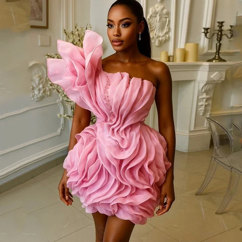 Pink Ruffled Mini Prom Dress for Black Girls Modern Off-the-Shoulder Beaded Party Homecoming Evening Gown Customized