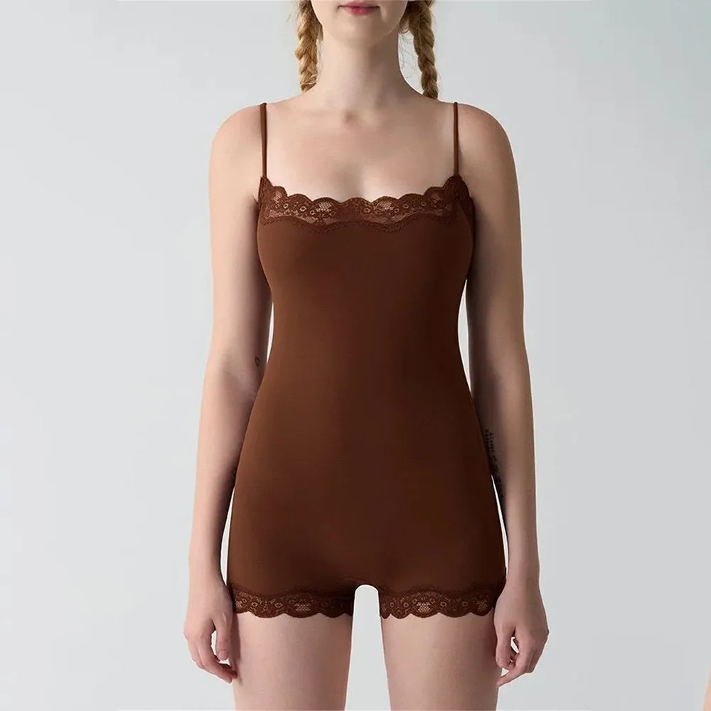Lace Patchwork Cami Playsuit Women Sexy Backless Sleeveless Romper Solid Color Y2K Streetwear Casual Loungewear Outfit