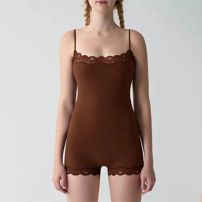 Lace Patchwork Cami Playsuit Women Sexy Backless Sleeveless Romper Solid Color Y2K Streetwear Casual Loungewear Outfit