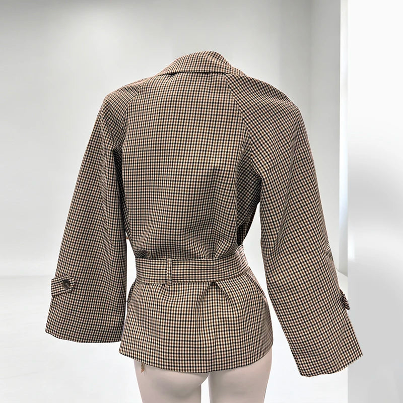 Plaid Cropped Trench Coat Lapel Collar Double Breasted Belted Waist Long Sleeve Women All-match Coats 2026 Autumn Commute Outfit