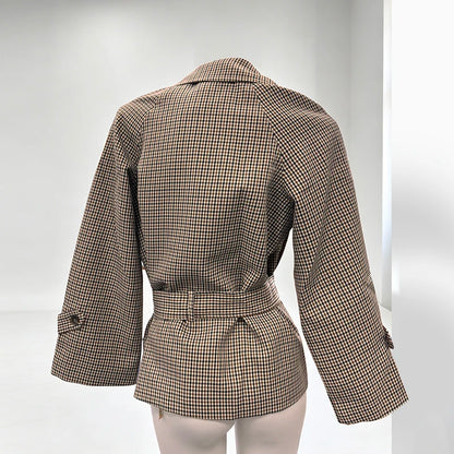 Plaid Cropped Trench Coat Lapel Collar Double Breasted Belted Waist Long Sleeve Women All-match Coats 2026 Autumn Commute Outfit