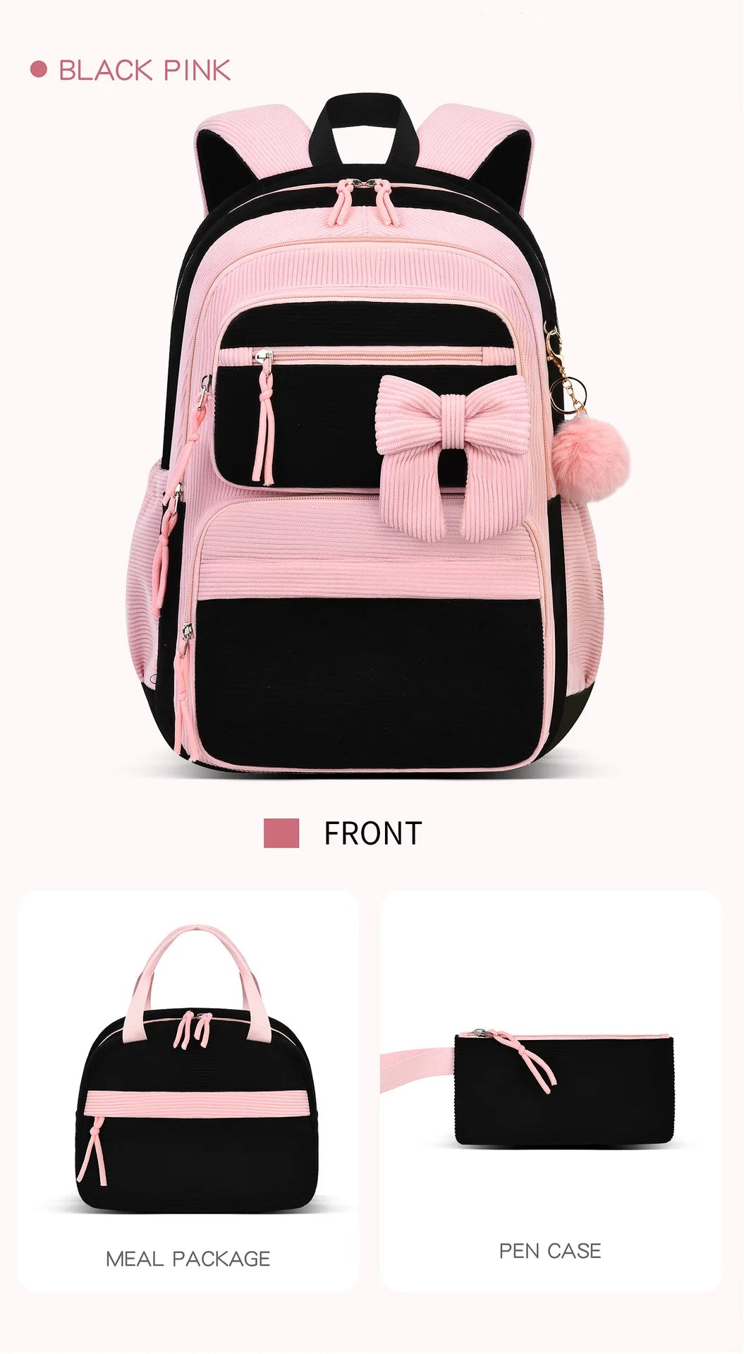 2026 High Quality Corduroy Three Piece Backpack with Cherry Pattern Princess Large Capacity Lightweight School Bag mochilas