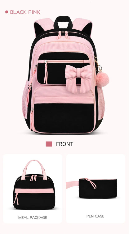 2026 High Quality Corduroy Three Piece Backpack with Cherry Pattern Princess Large Capacity Lightweight School Bag mochilas