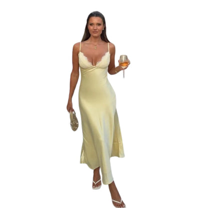Women Elegant Satin Dresses Lady Sexy Backless Sleeveless Long Dress Solid Color 2025 Summer Female Party Evening Slim Dresses