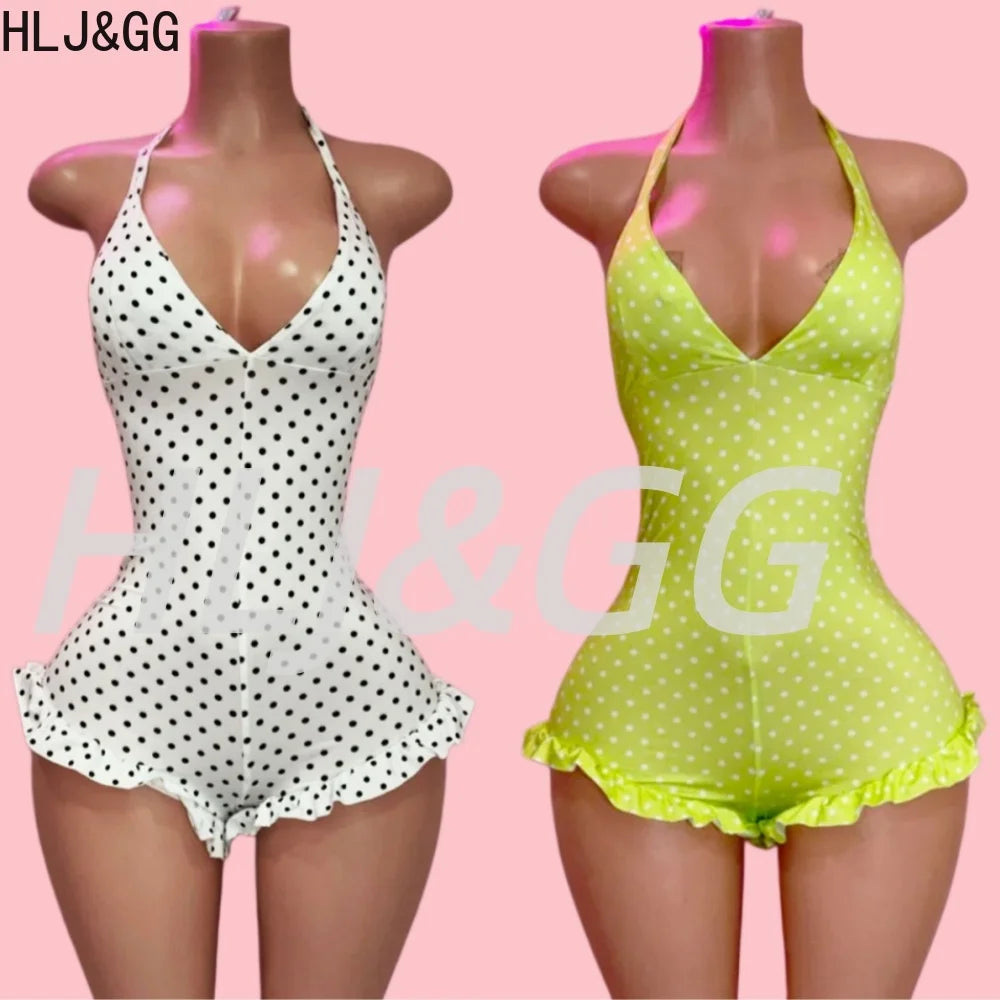 HLJ&GG Sexy Hot Girl Polka Dot Print Ruffle Bodycon One Piece Rompers Women Halter Backless Lace Up Playsuits Fashion Overalls