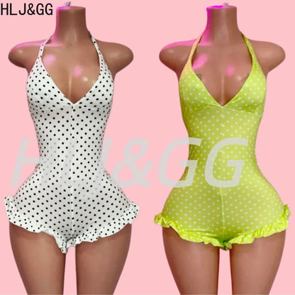 HLJ&GG Sexy Hot Girl Polka Dot Print Ruffle Bodycon One Piece Rompers Women Halter Backless Lace Up Playsuits Fashion Overalls