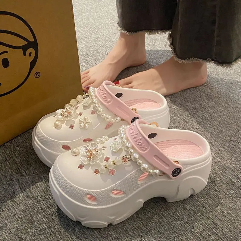 Luxury DIY Pearl Chain Non Slip Clogs Women Summer 2026 Comfort Platform Slip On Sandals EVA Thick Bottom Outdoor Slippers Shoes