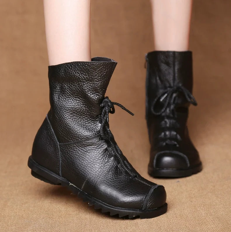 JIANBUDAN/ Genuine Leather Plush Women's Short Boots Retro Casual Autumn Winter Women's Boots Waterproof Leather Warm Snow Boots