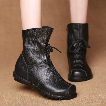 JIANBUDAN/ Genuine Leather Plush Women's Short Boots Retro Casual Autumn Winter Women's Boots Waterproof Leather Warm Snow Boots
