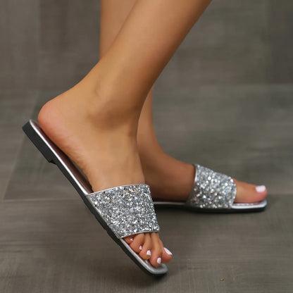 Glitter Bling Women Slippers Summer New Flat Beach Slippers Women Outdoor Luxury Sandals Designer Plus Size Shoes Slides Women