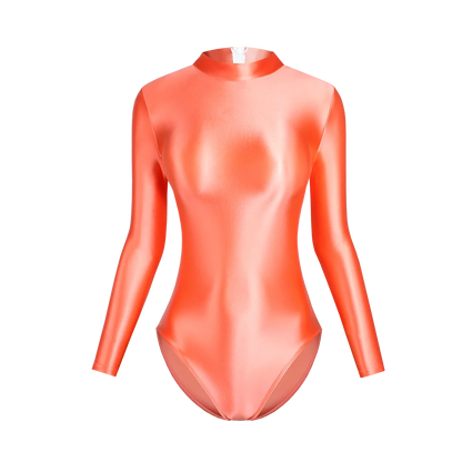 Satin Glossy Leotards Long Sleeve Back Zipper One Piece Swimsuit Sexy High-Cut Bikini Bodysuit Women Bathing Suit Plus Size