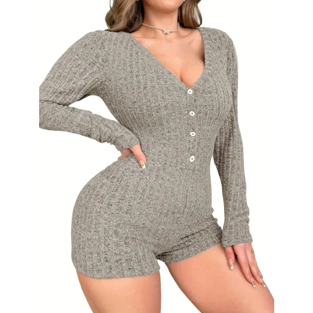 Plus Size 1XL-5XL Women's New Casual Long Sleeve Pajamas Sexy Jumpsuit Loungewear
