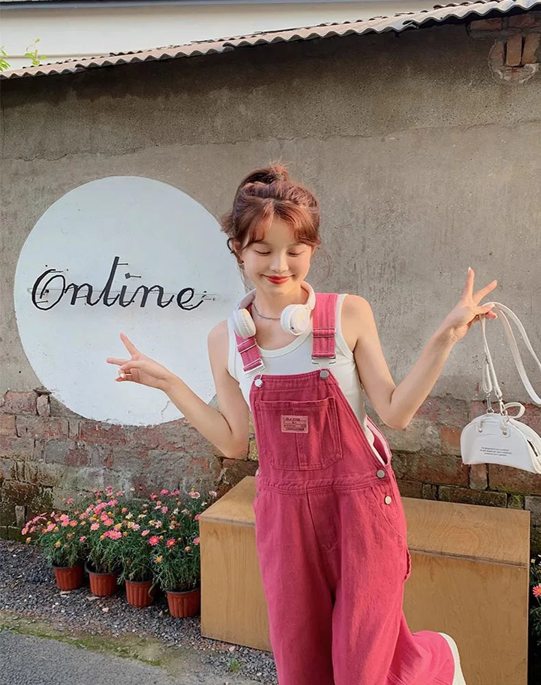 Vintage Pink Denim Overalls Adjustable Strap Wide Leg Jumpsuit Y2K Cute Campus Casual Pants