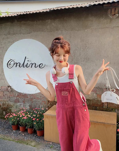 Vintage Pink Denim Overalls Adjustable Strap Wide Leg Jumpsuit Y2K Cute Campus Casual Pants