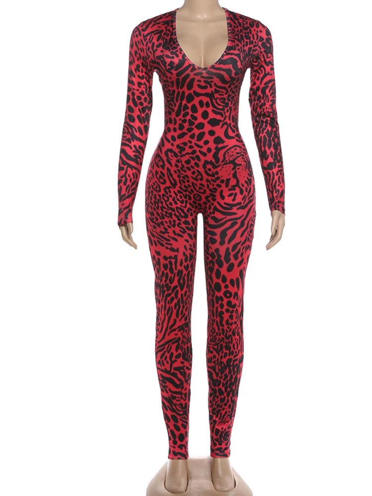 Kliou Leopard Print Jumpsuits Woman Low-Neck Full Sleeve Hollow Waistless Design Hot Girls High Street Fashion Style Overalls