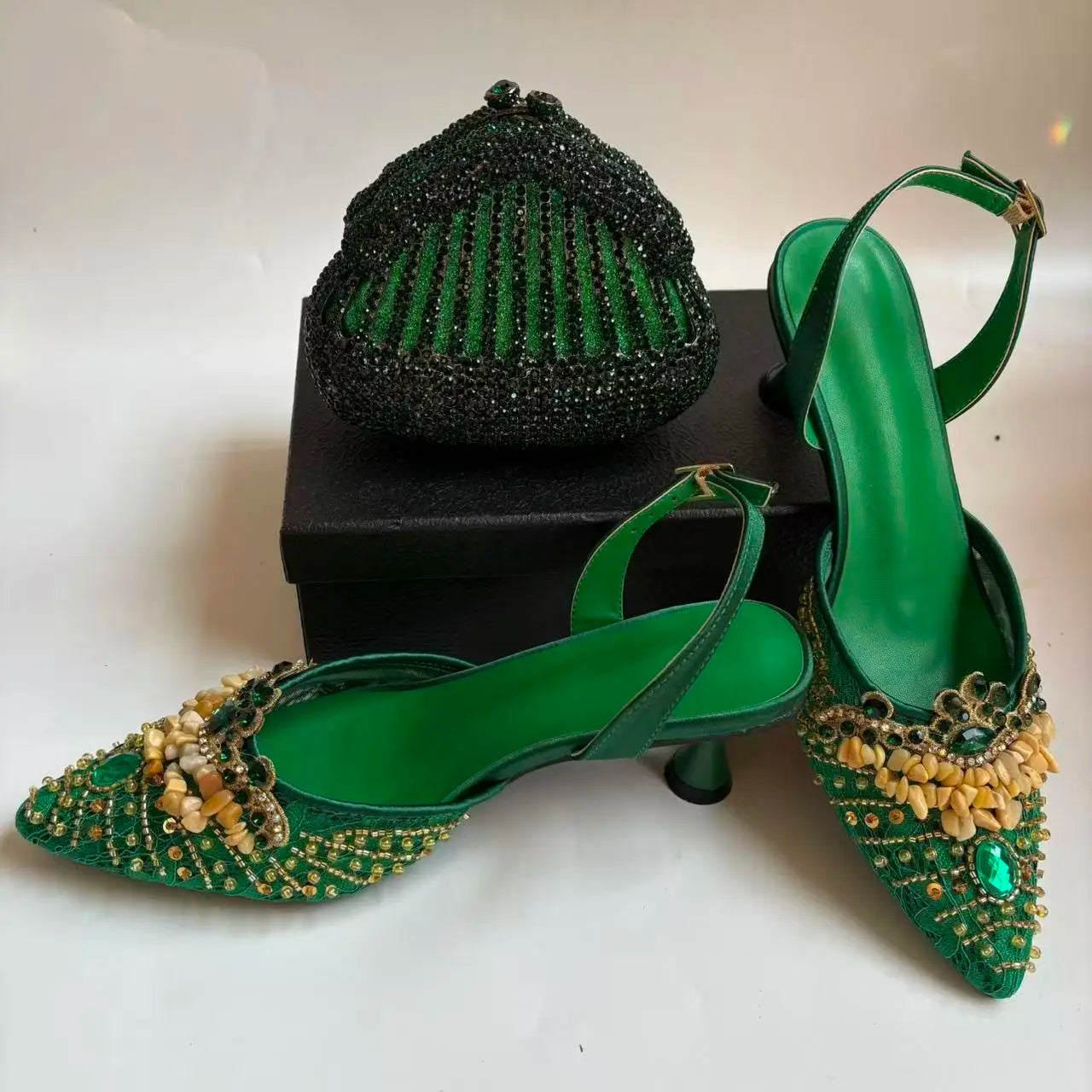 Insightlink Green Crystal High Heel with Bag Set for Bridal Wedding Party Designer Pointed Toe and Clutch Luxury Sandal Handbag