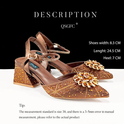 QueenaYan African Ladies Elegant Pointed Toe Shoes with shiny Metal Stand Bag Women Party Shoes or Commuting Shoes and Bag Set