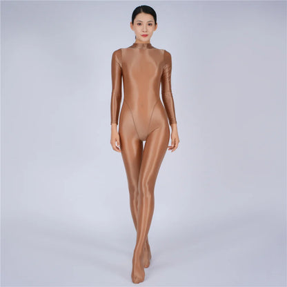 Sexy Women Yoga Shaper Tight Wear Oil Glossy Shiny Elastic Bodysuit Sheer See Through Rompers Jumpsuits Candy Color
