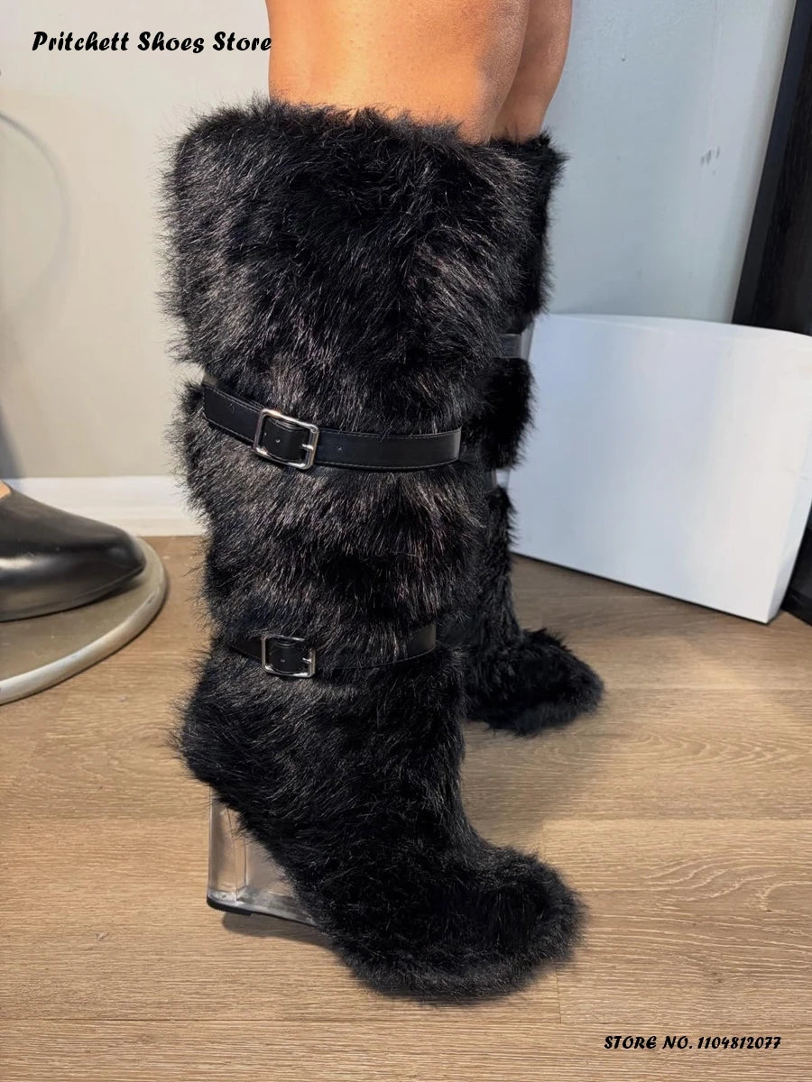 Women's Faux Fur Clear Wedges Boots Street Style Winter Warm Puffy Furry Boots Round Toe Slip On Belt Buckle Trending Shoes