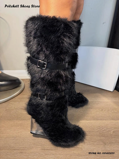 Women's Faux Fur Clear Wedges Boots Street Style Winter Warm Puffy Furry Boots Round Toe Slip On Belt Buckle Trending Shoes