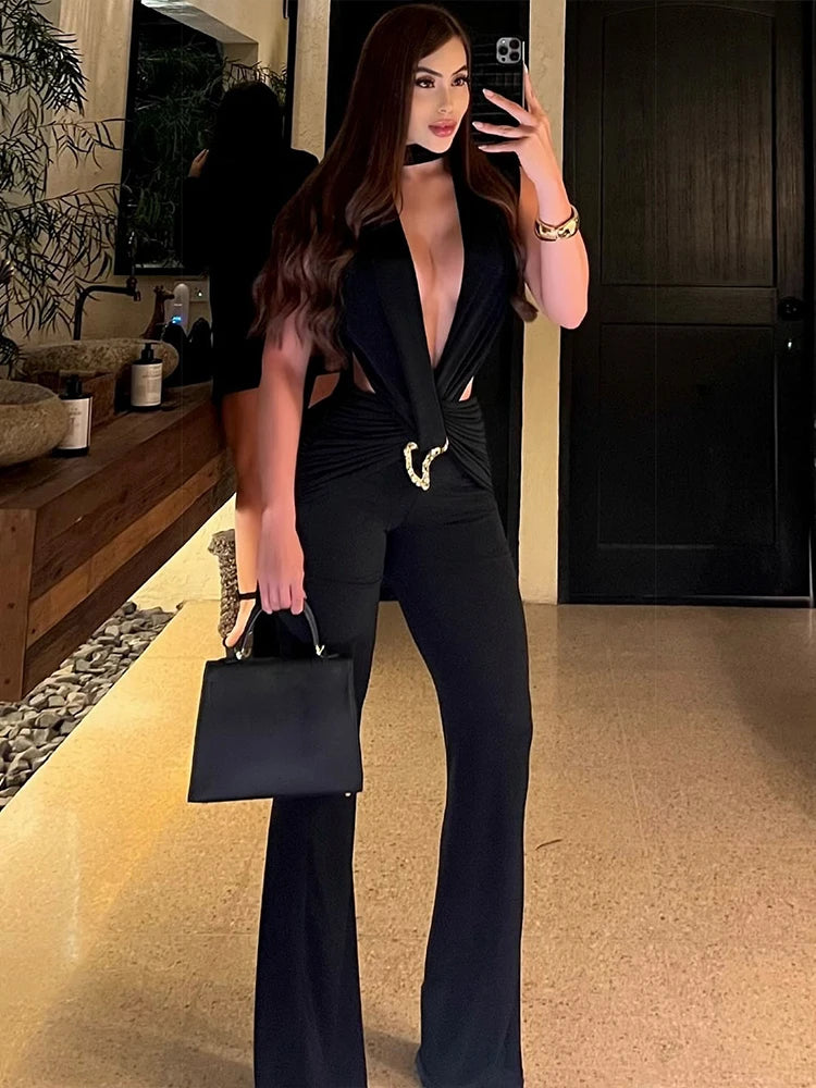 Weird Puss Sexy Waistless Jumpsuit Women Ruched Metal Cross Hollow Bandage Coquette Midnight Workout Hipster Stretch Overalls