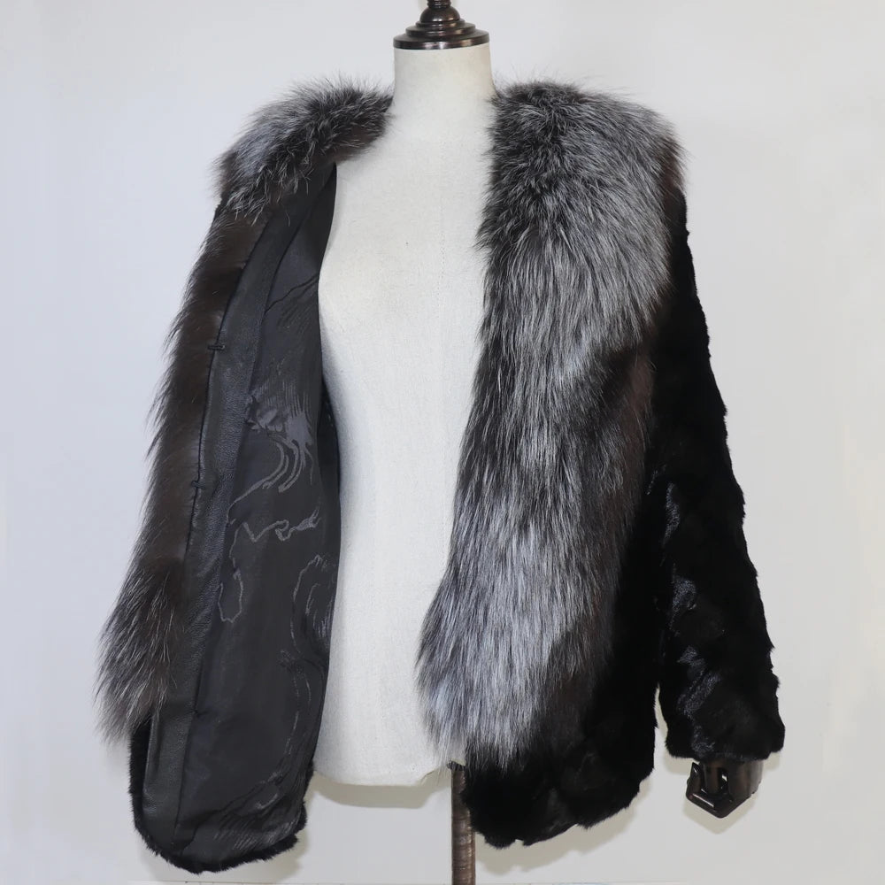 Women Winter Real Mink Fur Caot With Fox Fur Collar Natural Warm Mink Fur Jacket Lady Fashion 100% Real Mink Fur Overcoat