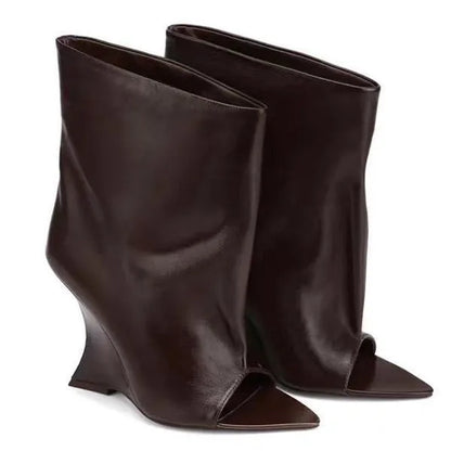 2006SoleLadies'-Spring/Summer-New-Fish-Mouth-Slope-High-Heel-Short-Boots-with-Pointed-Toe-Exposed-Cool-Boots,-Mid-Top-Boots