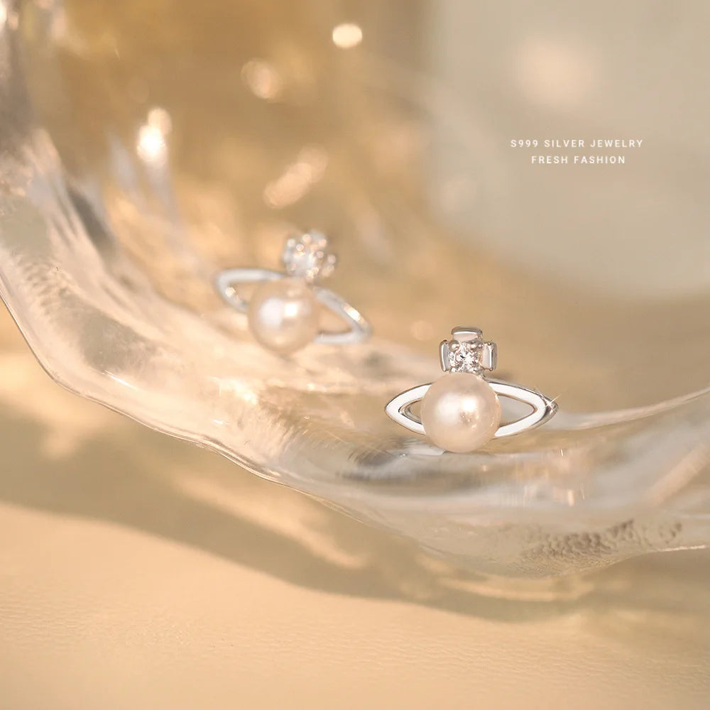 Fashionable Simple 999 Sterling Silver Zircon Planet Shell Earrings for Women Exquisite Light Luxury Jewelry