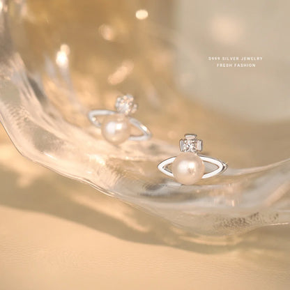 Fashionable Simple 999 Sterling Silver Zircon Planet Shell Earrings for Women Exquisite Light Luxury Jewelry