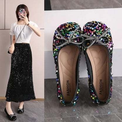 2026 Women Bling Flats Shoes Casual Walking Shoes Spring New Round Toe Bowtie Female Fashion Brand Dress Zapatillas Mujer