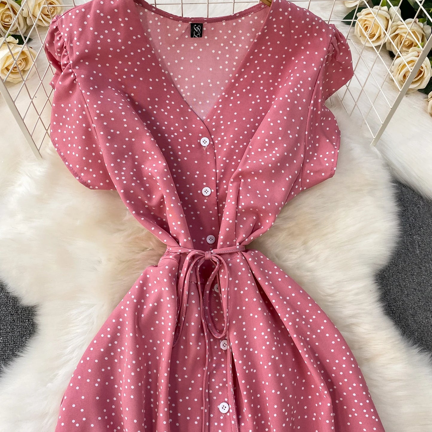 Summer Women Polka Dot Long Dress Vintage V-Neck Flying Sleeve High Waist Single Breasted A-Line Casual Vestidos Female Robe New