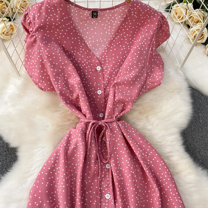 Summer Women Polka Dot Long Dress Vintage V-Neck Flying Sleeve High Waist Single Breasted A-Line Casual Vestidos Female Robe New