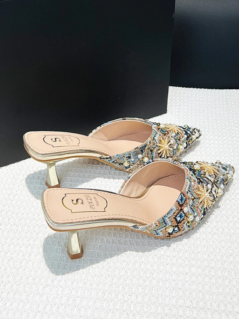 Luxury String Bead Decoration Design Brand High Heel Slippers Women Shiny Rhinestone Slide Sandals Elegant Wedding Bridal Shoes