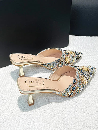 Luxury String Bead Decoration Design Brand High Heel Slippers Women Shiny Rhinestone Slide Sandals Elegant Wedding Bridal Shoes
